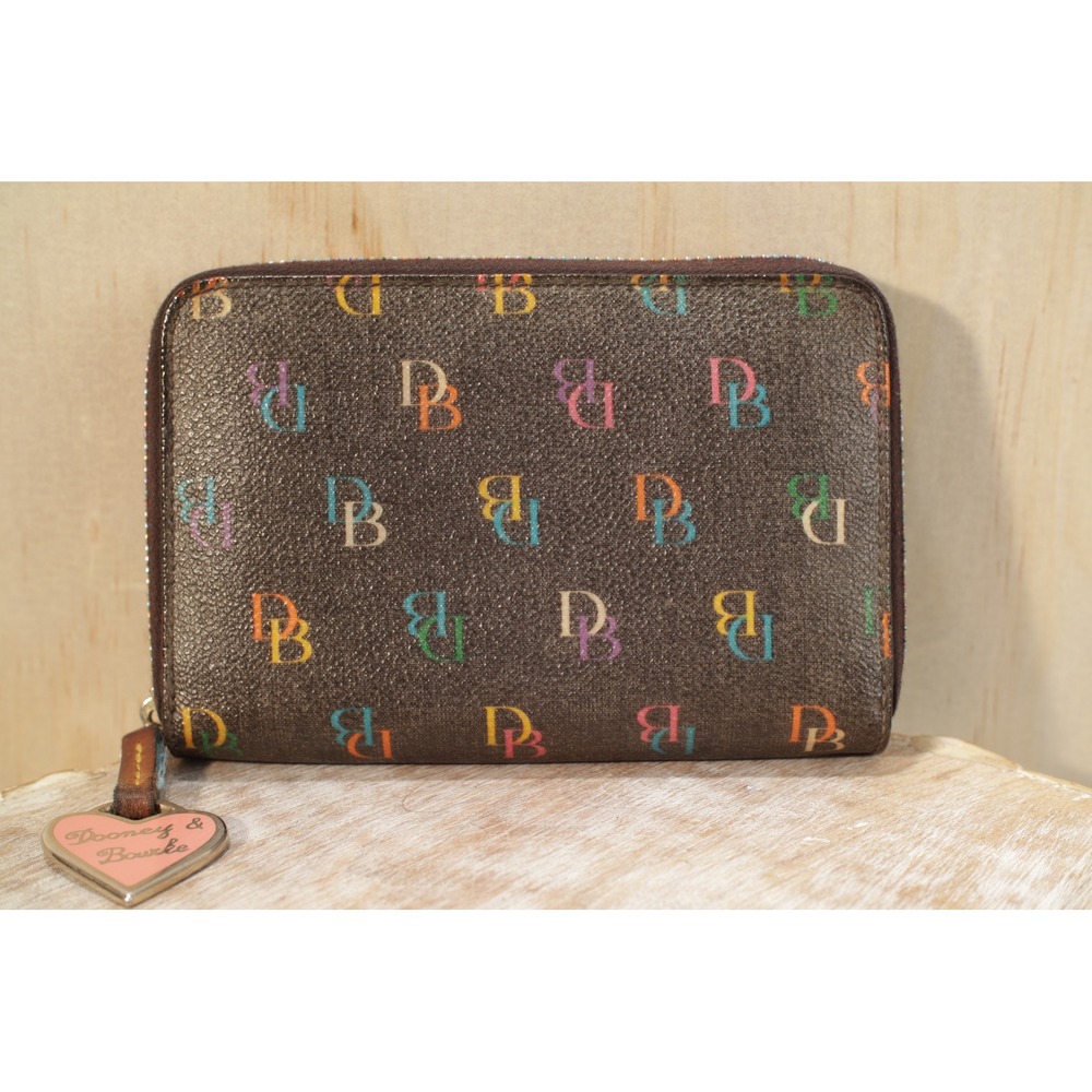 Dooney & Bourke Rainbow Monogram Zip Around Wallet Brown Multi Color DB Heart
